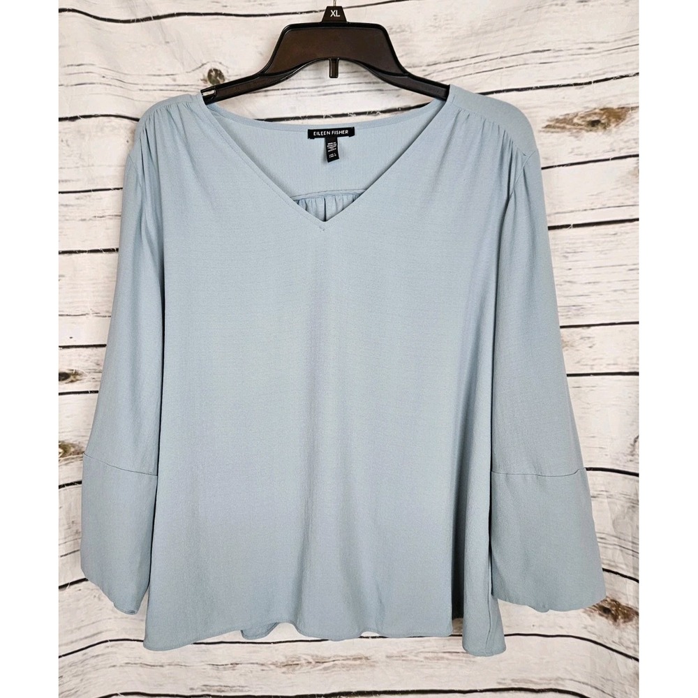 Eileen Fisher 100% Silk Crepe Blue Top Large Womens V-Neck 3/4 Sleeves Boxy